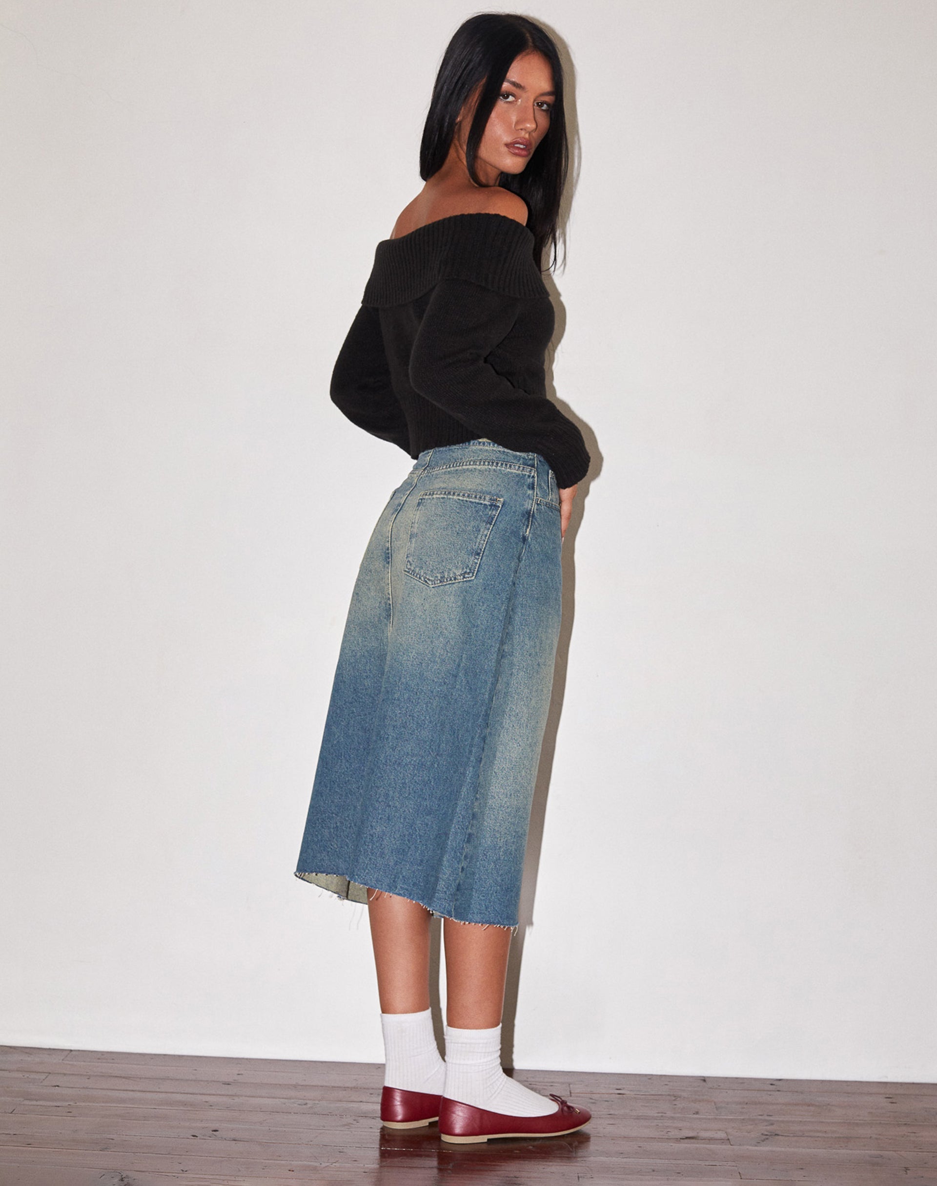 Immagine di Gonna midi di jeans a vita bassa in blu vintage verde