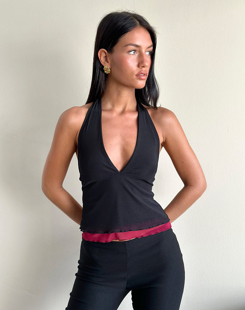 Top Kubra a collo alto in maglia nera e rossa