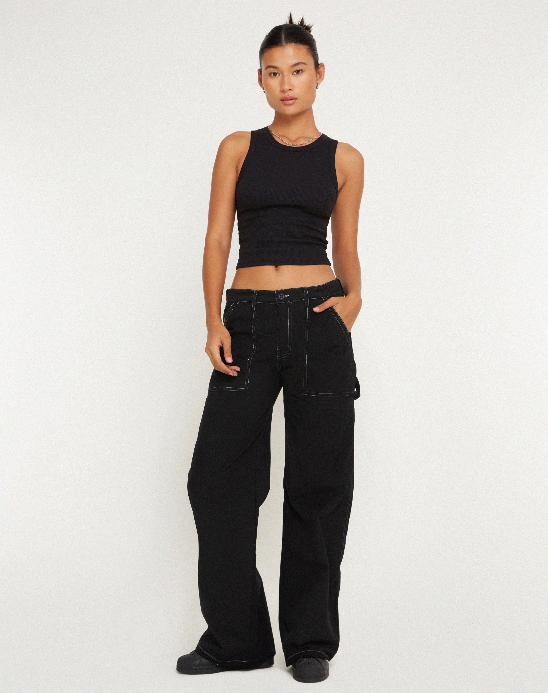 immagine di Kusnaedi Pantalone a gamba larga in bianco e nero con cucitura superiore