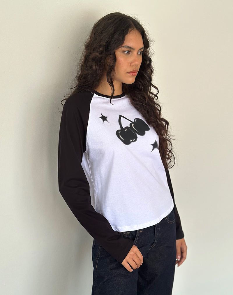 Top Kyiato con stampa ciliegia bianca e nera