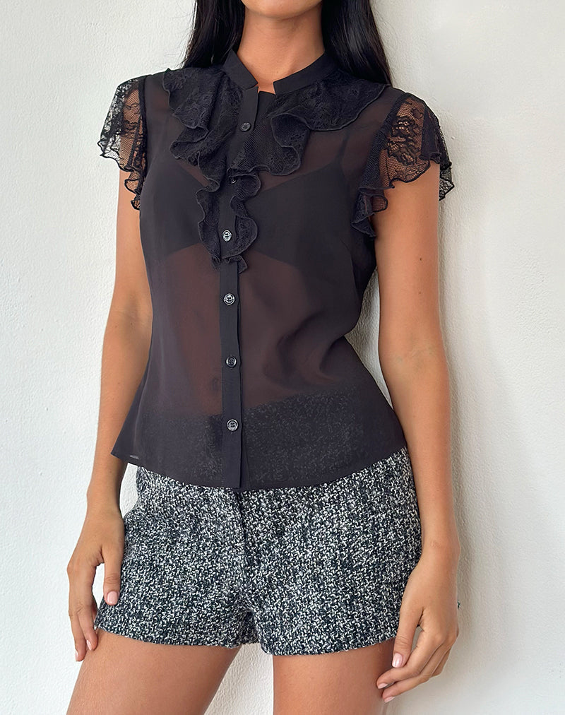 Camicetta Lada in chiffon nero con rifiniture in pizzo