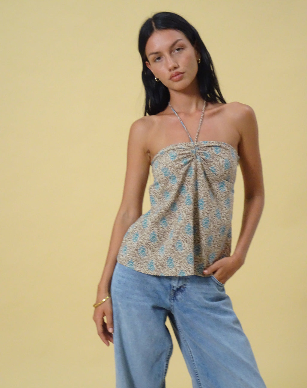 Top Laeri con collo alto in Bohemian Batik Blu Marrone