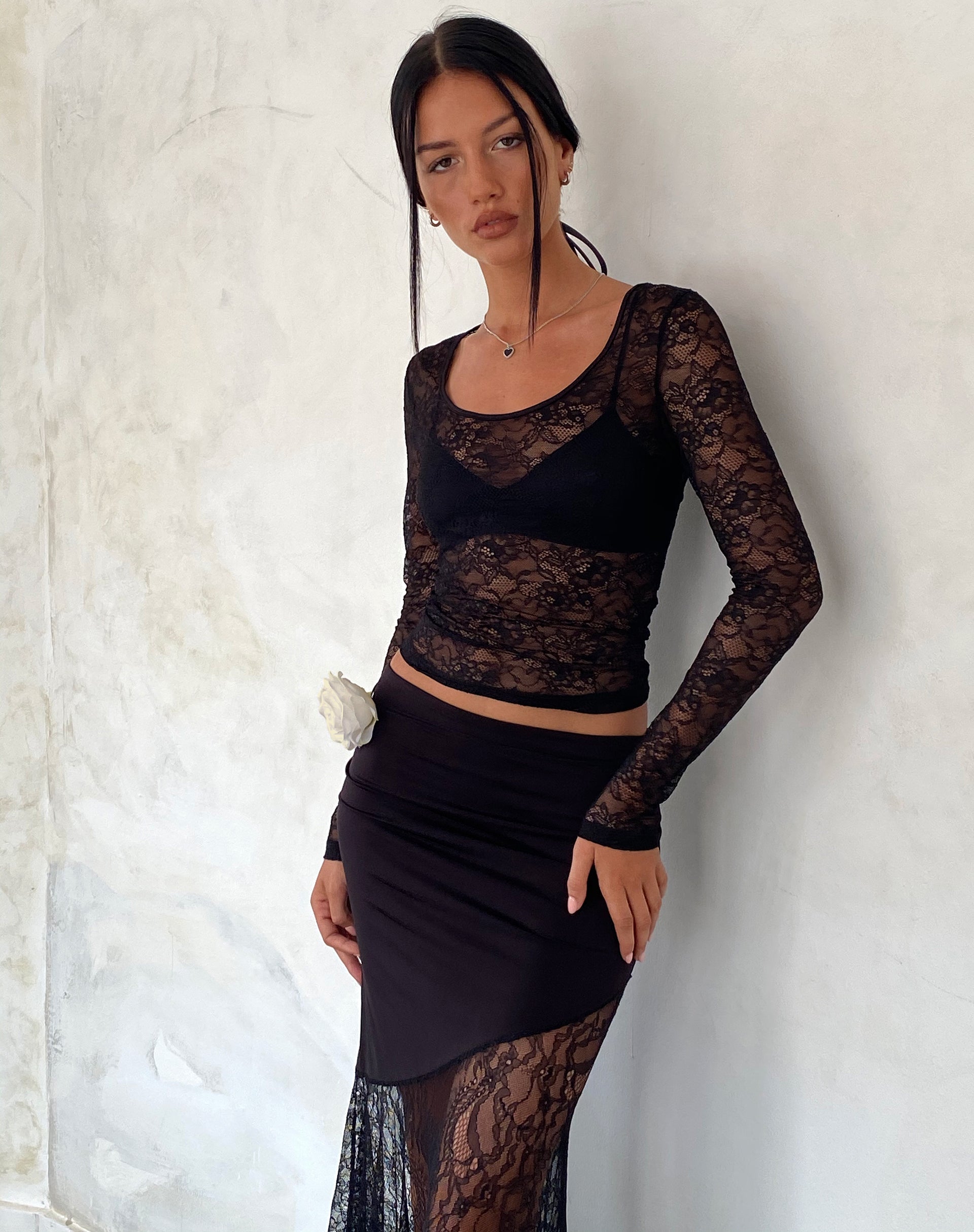 Immagine di Lainey Top sfoderato a maniche lunghe in pizzo nero
