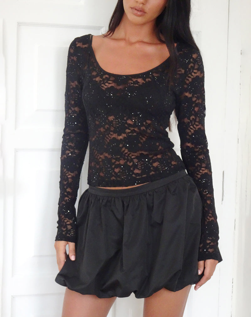 Top Lainey sfoderato a maniche lunghe in pizzo nero con paillettes