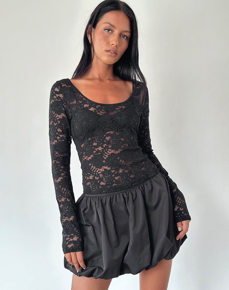 Immagine di Lainey Top sfoderato a maniche lunghe in pizzo nero con lustrini
