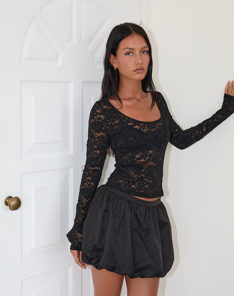Immagine di Lainey Top sfoderato a maniche lunghe in pizzo nero con lustrini