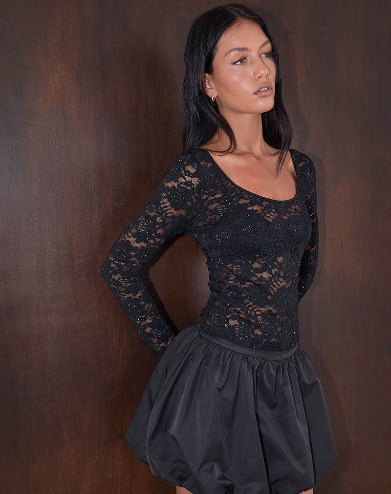 Immagine di Lainey Top sfoderato a maniche lunghe in pizzo nero con lustrini