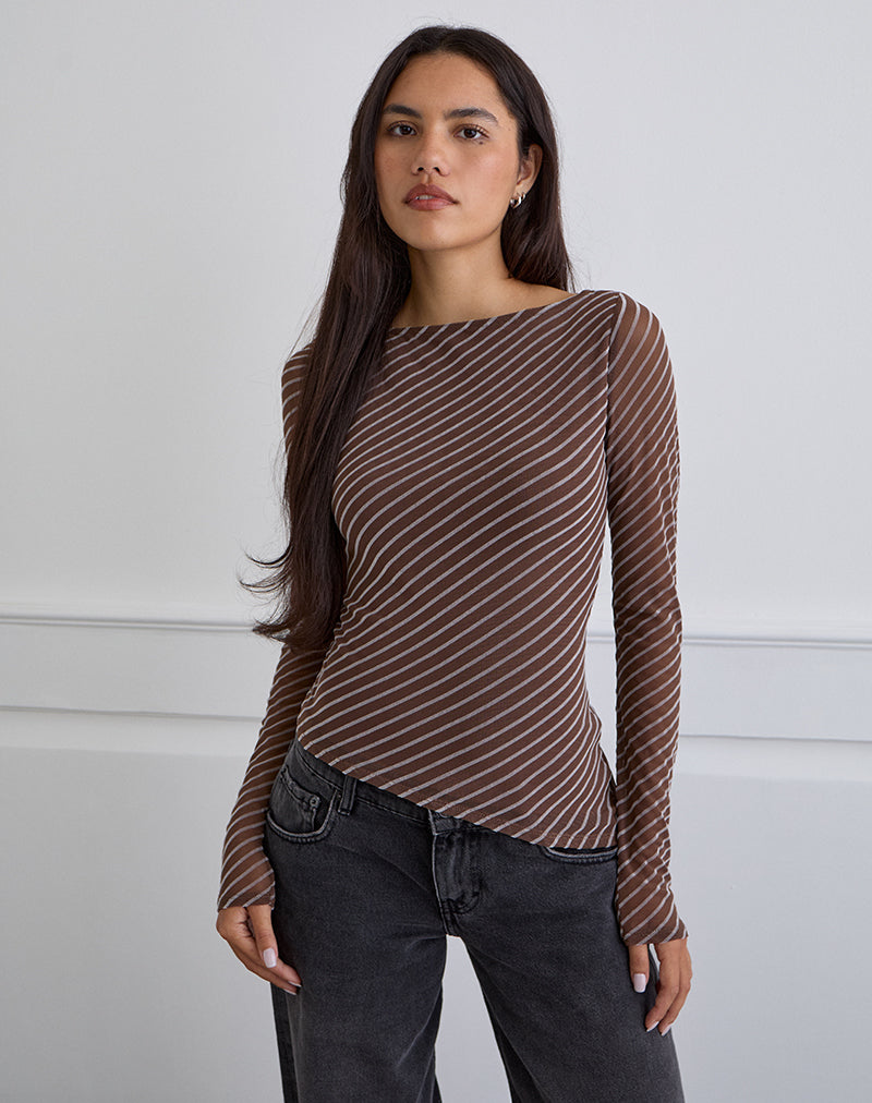 Immagine di Lakya Top a maniche lunghe a righe diagonali floccate marrone e crema