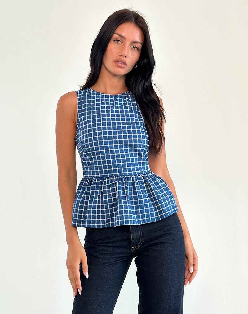 Lanzo - Top con laccetti in Popeline Tartan Navy