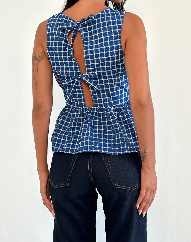 Lanzo - Top con laccetti in Popeline Tartan Navy