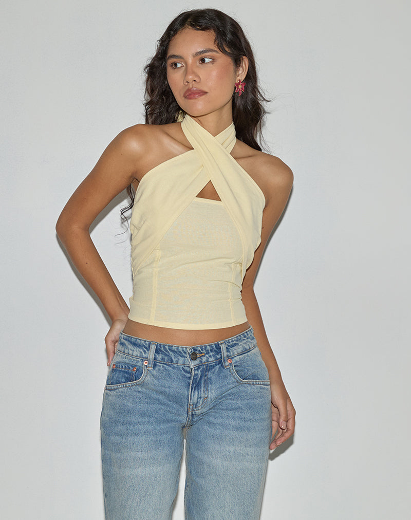 Immagine di Lasy Linen Wrap Halterneck Top in Lemon