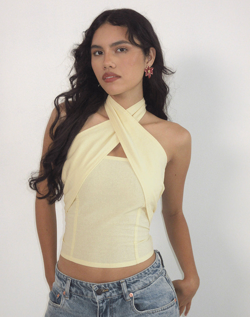 Immagine di Lasy Linen Wrap Halterneck Top in Lemon