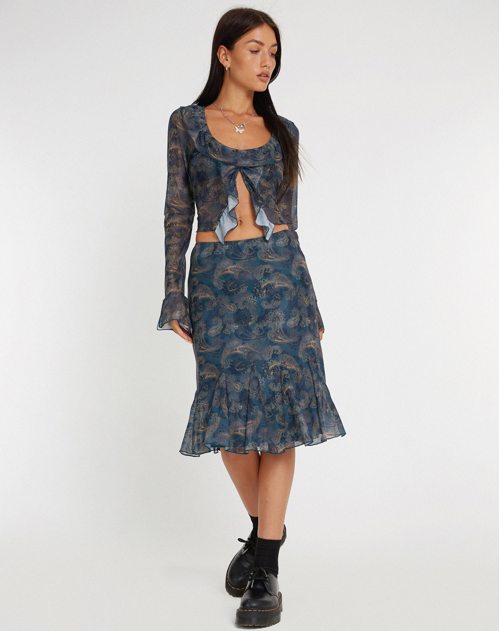 immagine di Latrix Gonna midi in rete con motivo Paisley blu tonale