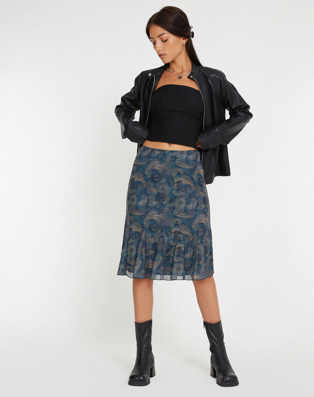 Gonna midi a rete Latrix in paisley blu tonale