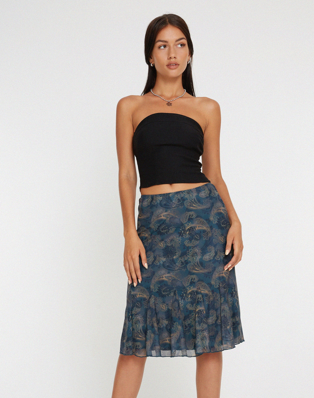 Gonna midi a rete Latrix in paisley blu tonale