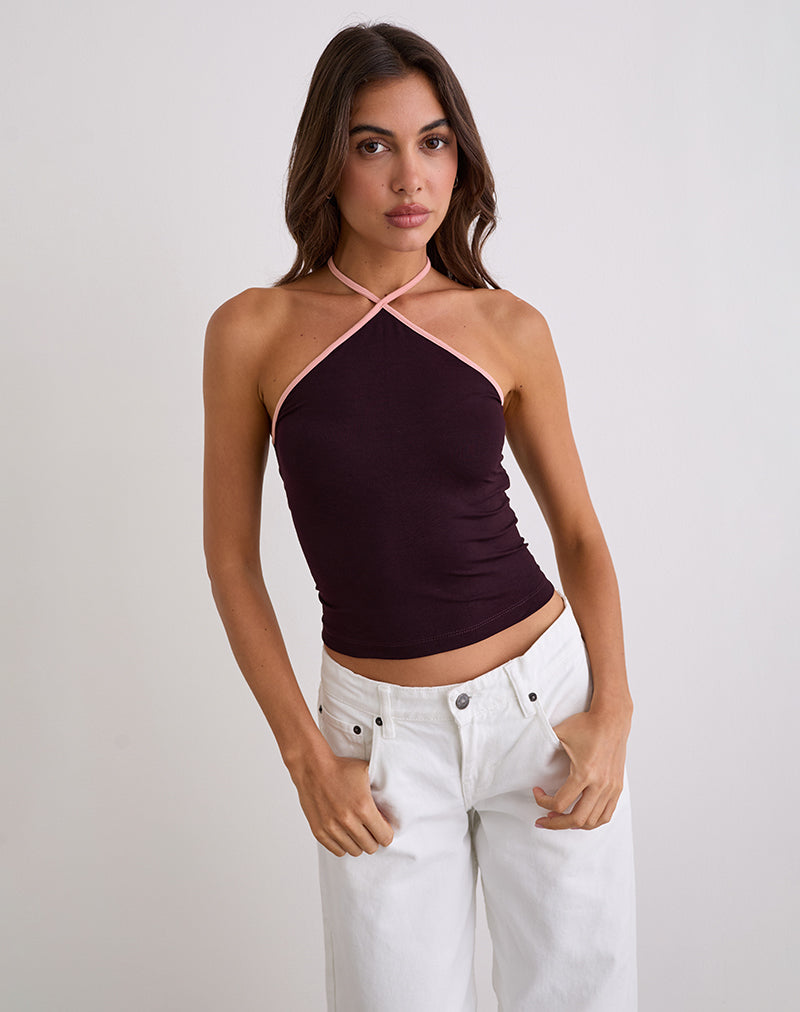 Immagine di Lay Top a collo alto in legno rosso con rilegatura rosa Lady