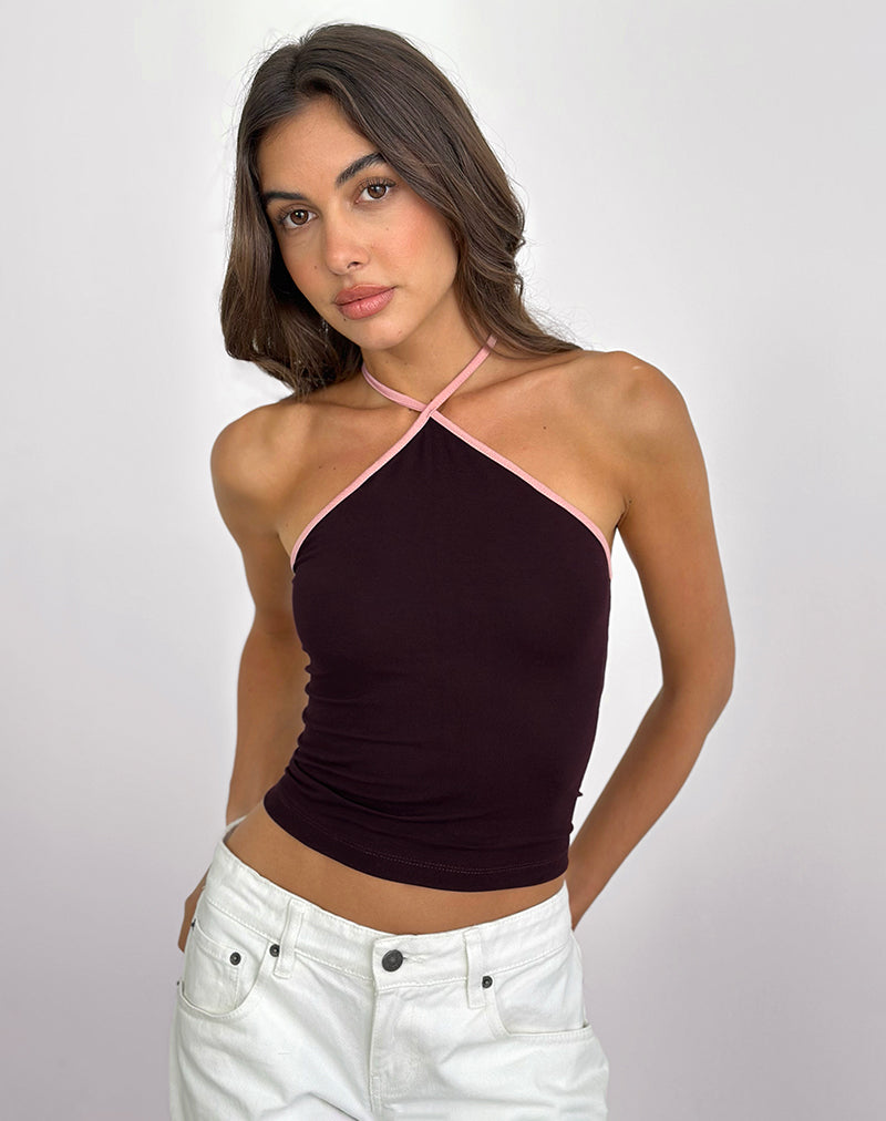 Top Lay con scollo a mezza coscia in legno di rossella con rilegatura a dama rosa