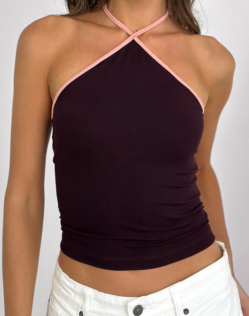 Top Lay con scollo a mezza coscia in legno di rossella con rilegatura a dama rosa