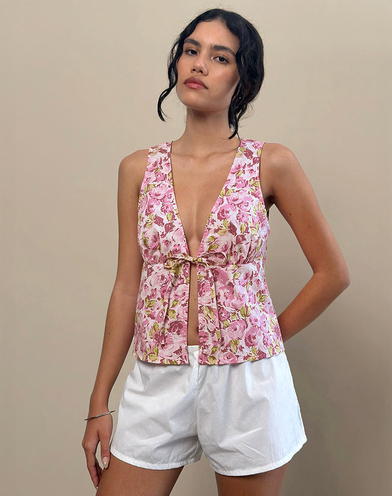 Leda - Top con laccetti in rosa floreale