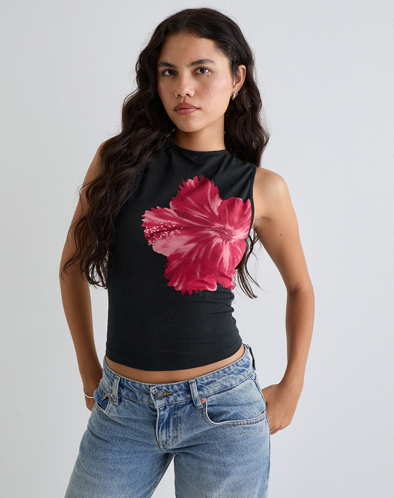 Immagine di Leen Top in nero Hibiscus Flower Pink