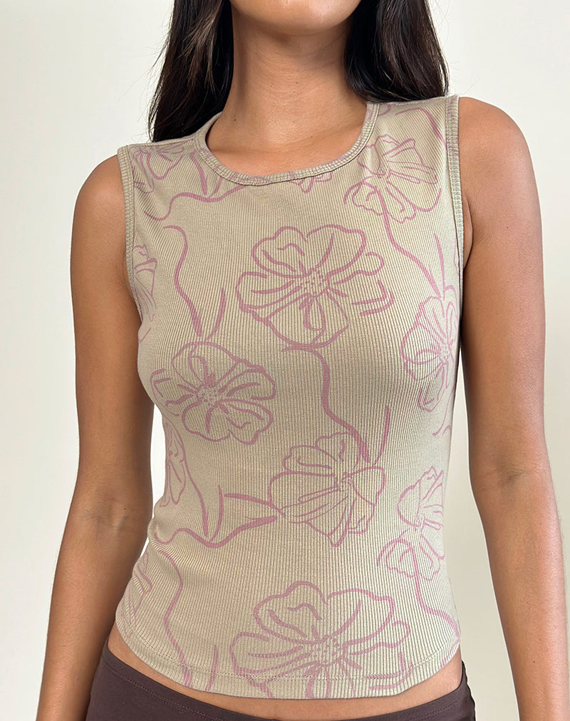 Immagine della canotta Leen in Khaki Hibiscus Doodle Pink