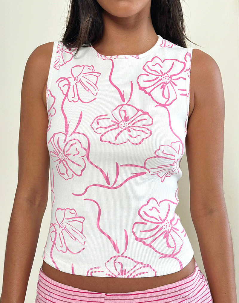 Immagine della canotta Leen in bianco con stampa di ibisco rosa