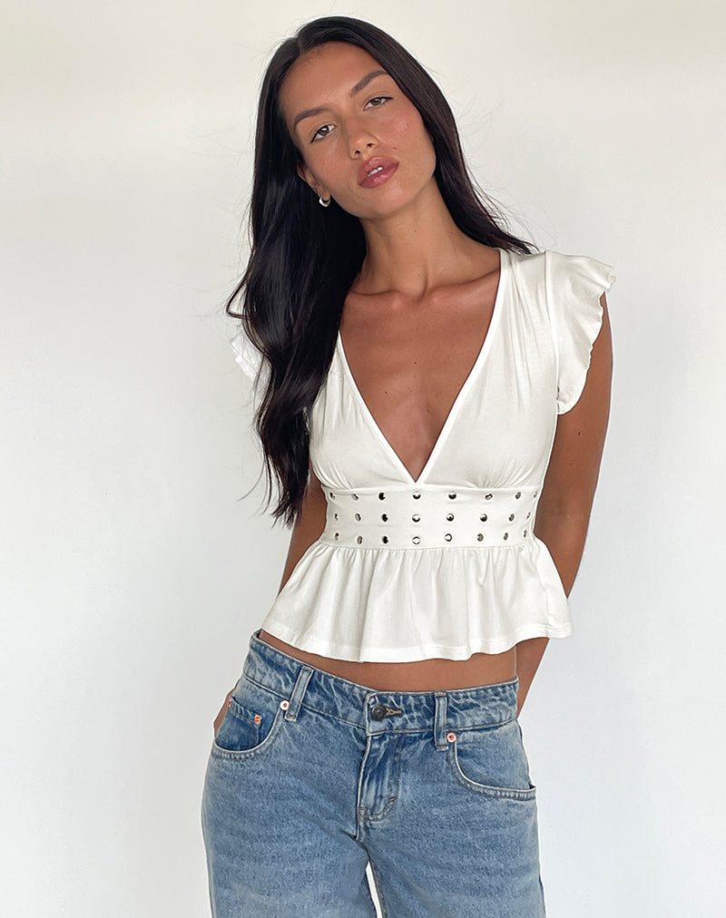 Top Leisma con balze in jersey bianco e borchie