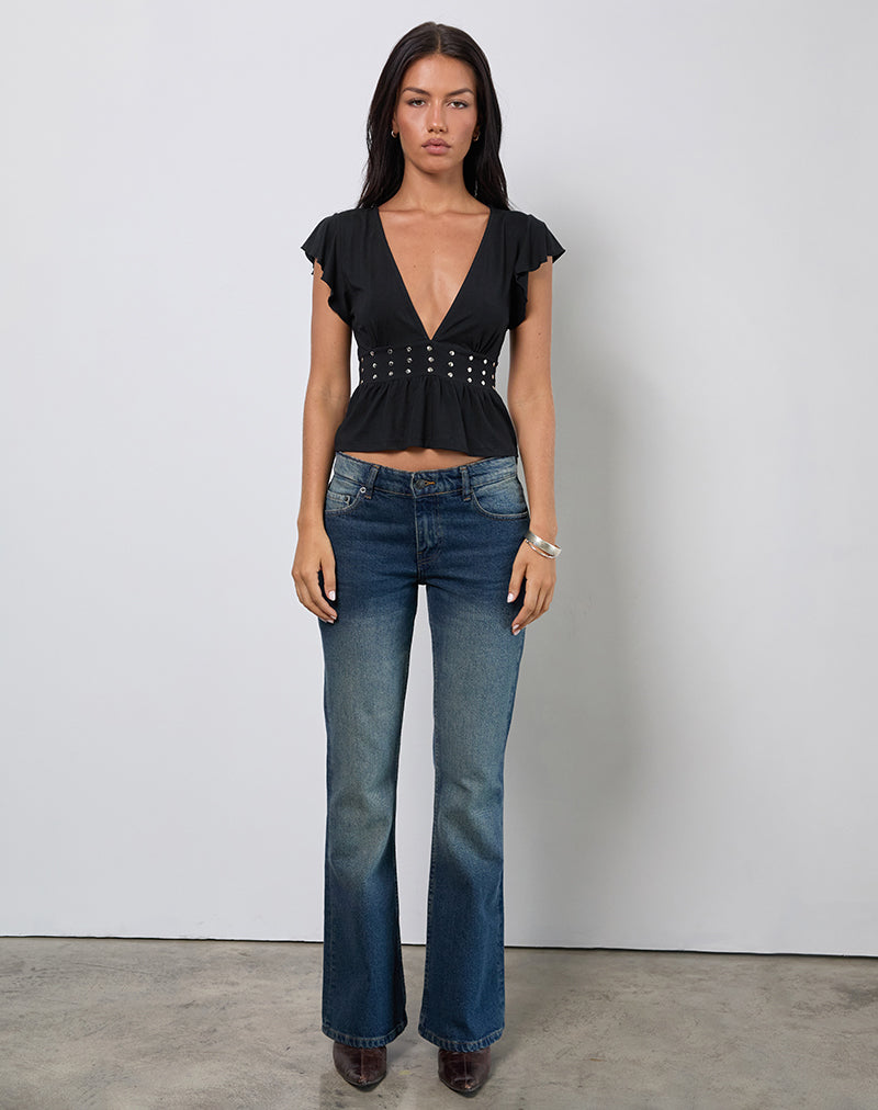 Immagine di Leisma Frill Top in Jersey nero con borchie