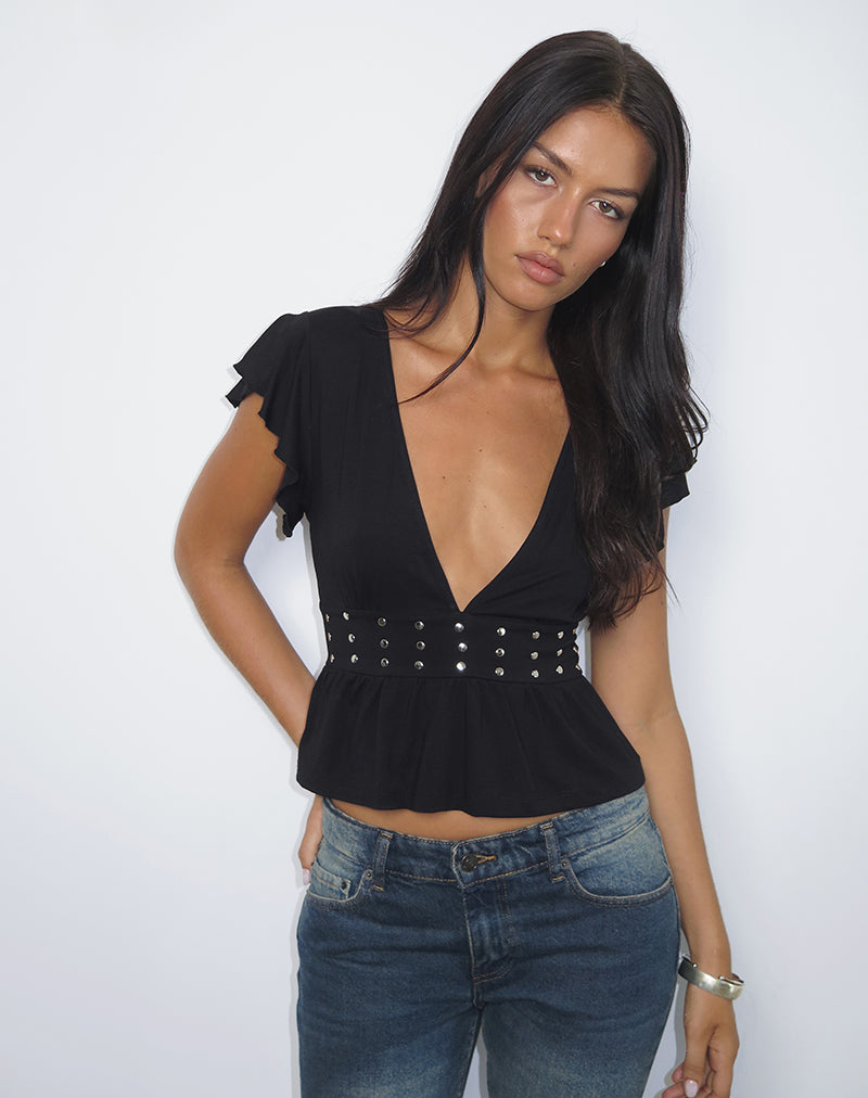 Immagine di Leisma Frill Top in Jersey nero con borchie