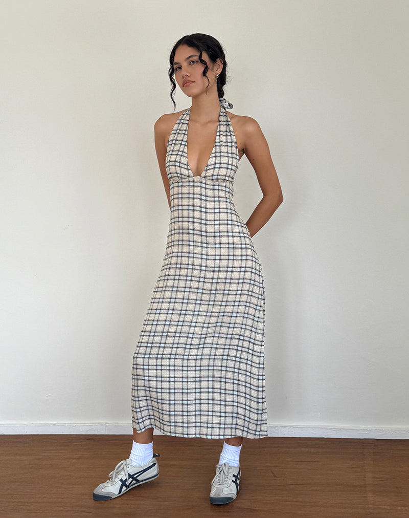Lenata - Vestito midi con collo alto in tartan blu pastello
