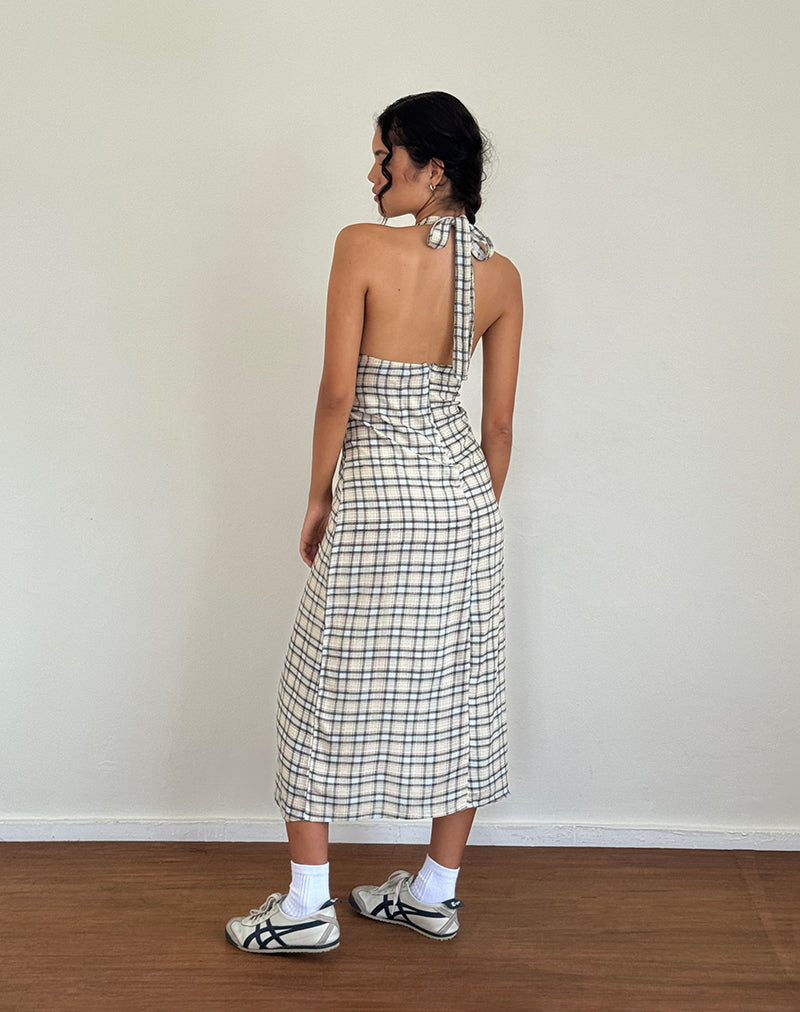 Lenata - Vestito midi con collo alto in tartan blu pastello