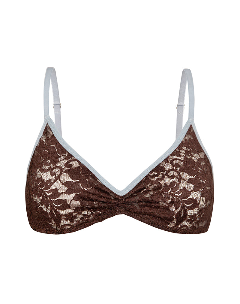 Immagine del reggiseno Lengkai in pizzo color cioccolato con bordatura blu
