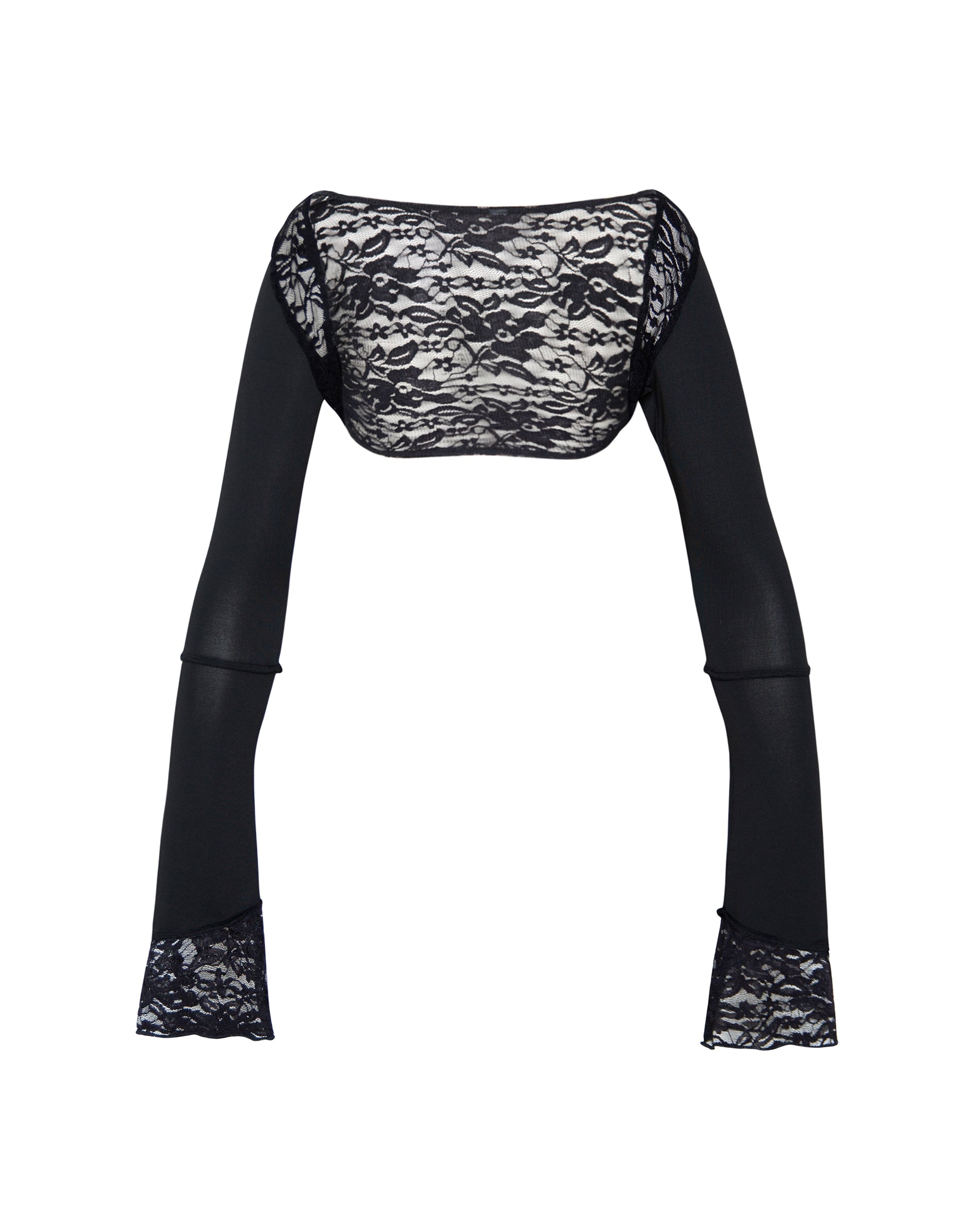 Immagine di Lenny Lace Shrug Top in nero con rifiniture in pizzo bianco