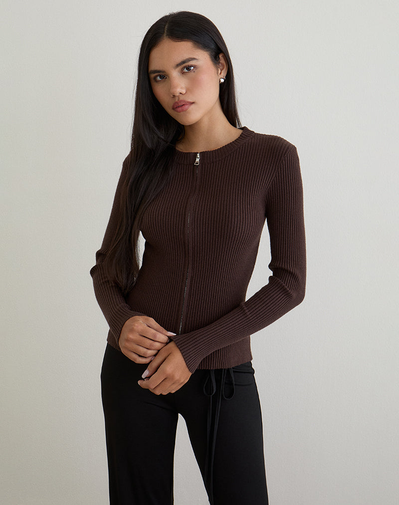 Immagine di Liano Zip Cardigan in maglia a coste marrone