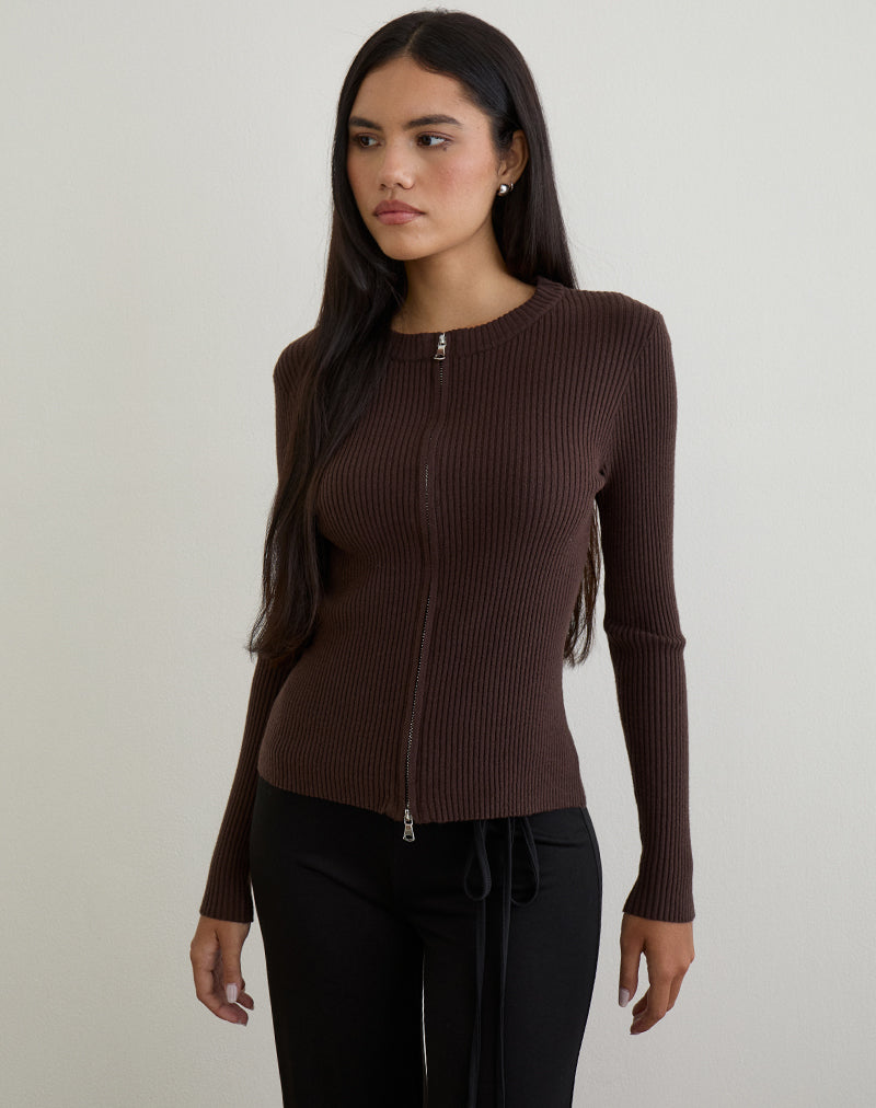 Immagine di Liano Zip Cardigan in maglia a coste marrone