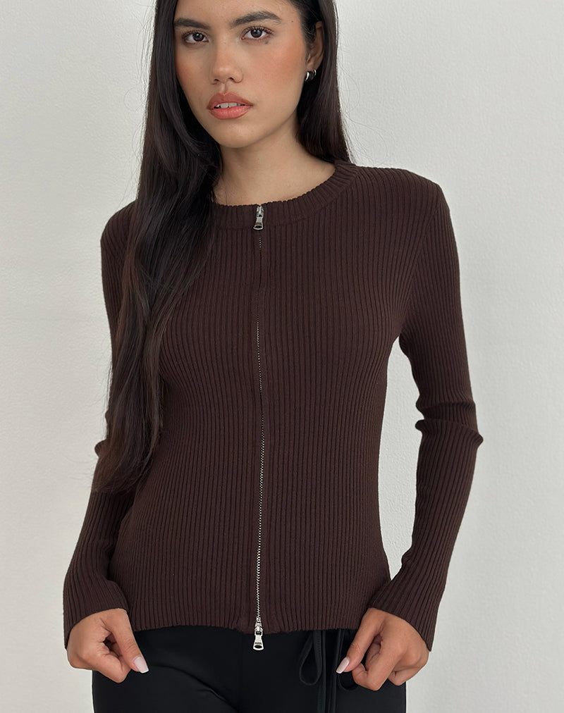 Immagine di Liano Zip Cardigan in maglia a coste marrone
