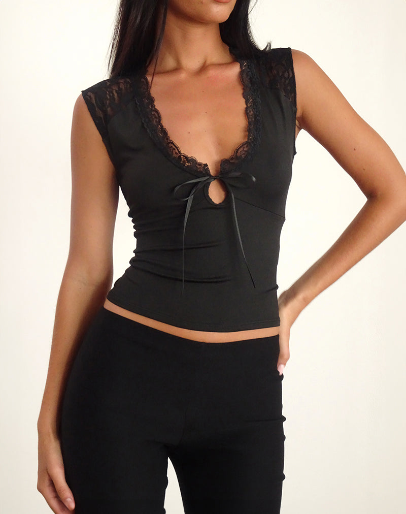Top Livina in pizzo jersey snellente nero