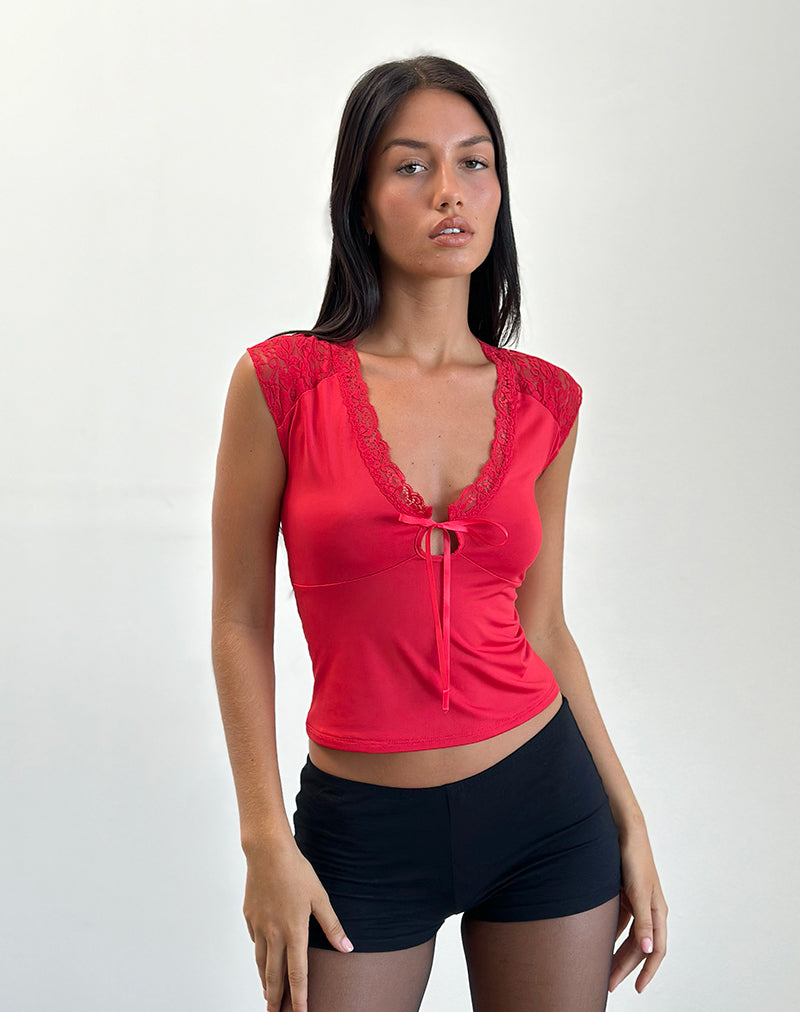 Top Livina in pizzo jersey snellente rosso
