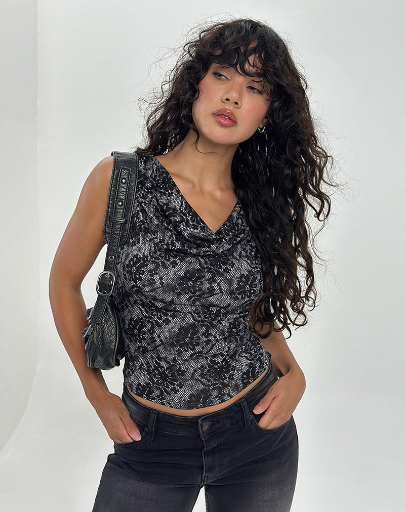 Lizette - Top con scollo a cappuccio in grigio Midnight Floral