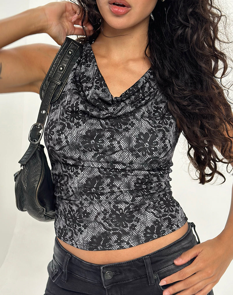 Lizette - Top con scollo a cappuccio in grigio Midnight Floral