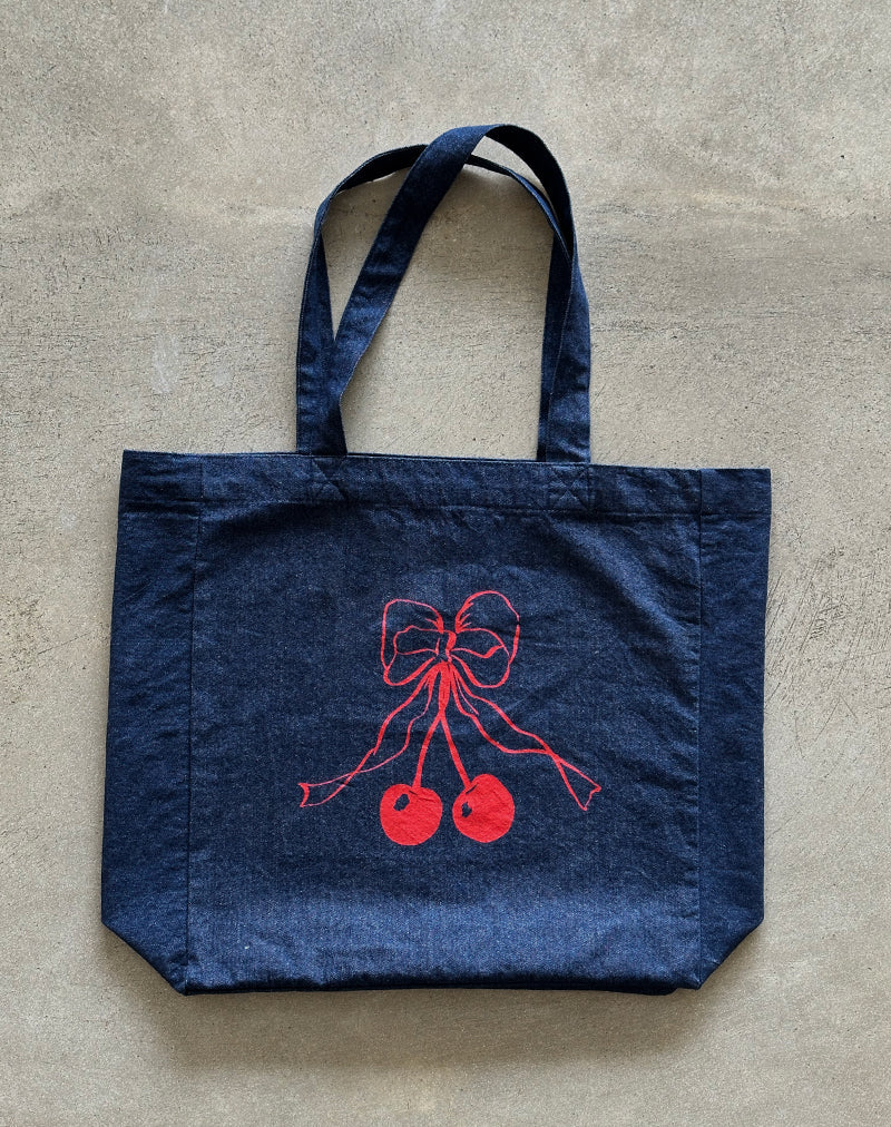 Immagine di London Tote Bag in Denim Indigo con stampa di fiocchi di ciliegie