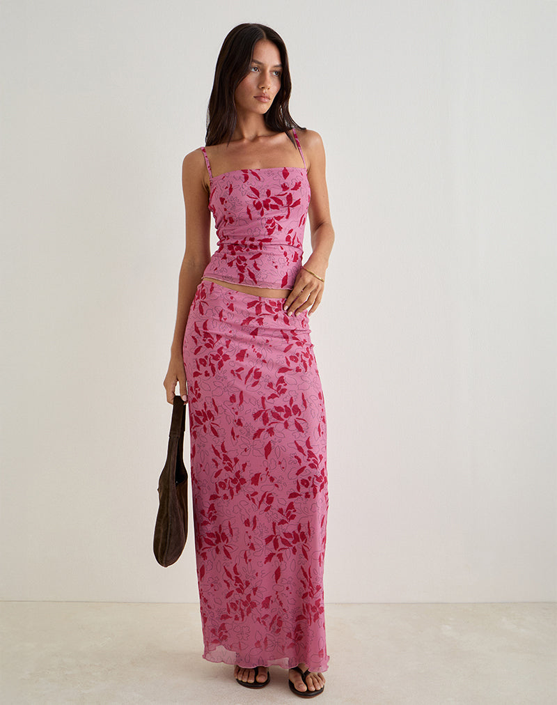 Maxi gonna Alfreda in rosa fiore stencil
