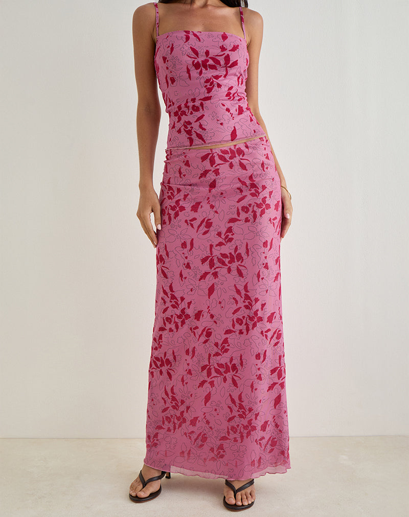 Maxi gonna Alfreda in rosa fiore stencil