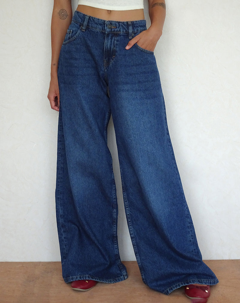 Jeans larghi a vita bassa in blu medio usati