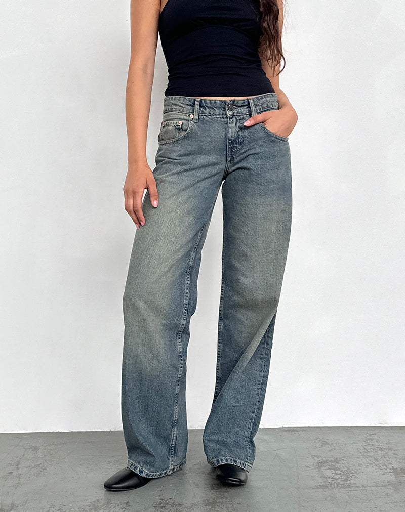 Jeans paralleli a vita bassa in blu estremo verde