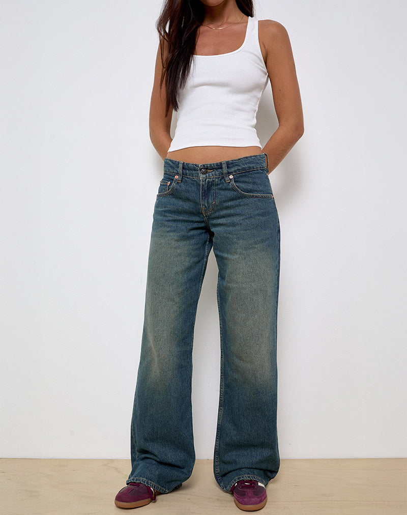 Jeans paralleli a vita bassa in verde vintage usati