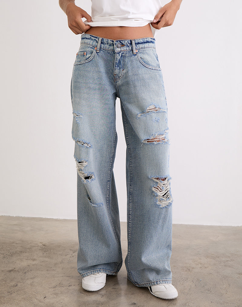 Immagine di Jeans larghi a vita bassa con strappo estremo in blu vintage