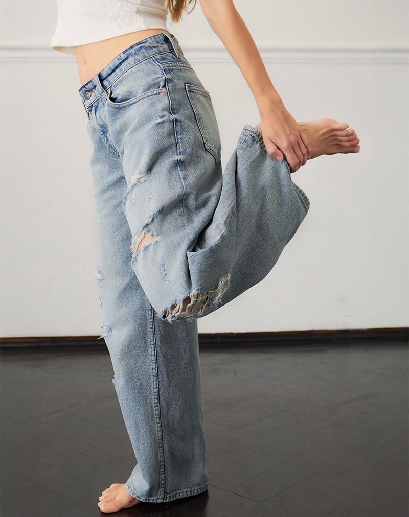 Jeans larghi a vita bassa in Extreme Rip Blu Vintage