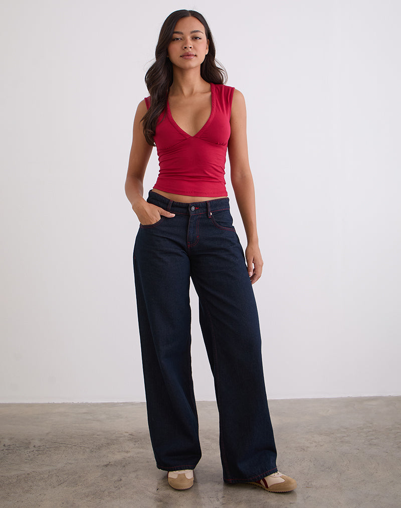 Immagine di Jeans larghi a vita bassa in Indaco con cuciture rosse