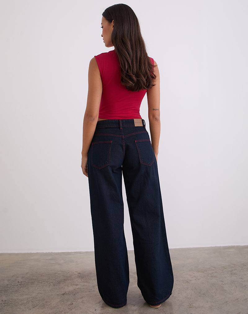 Immagine di Jeans larghi a vita bassa in Indaco con cuciture rosse
